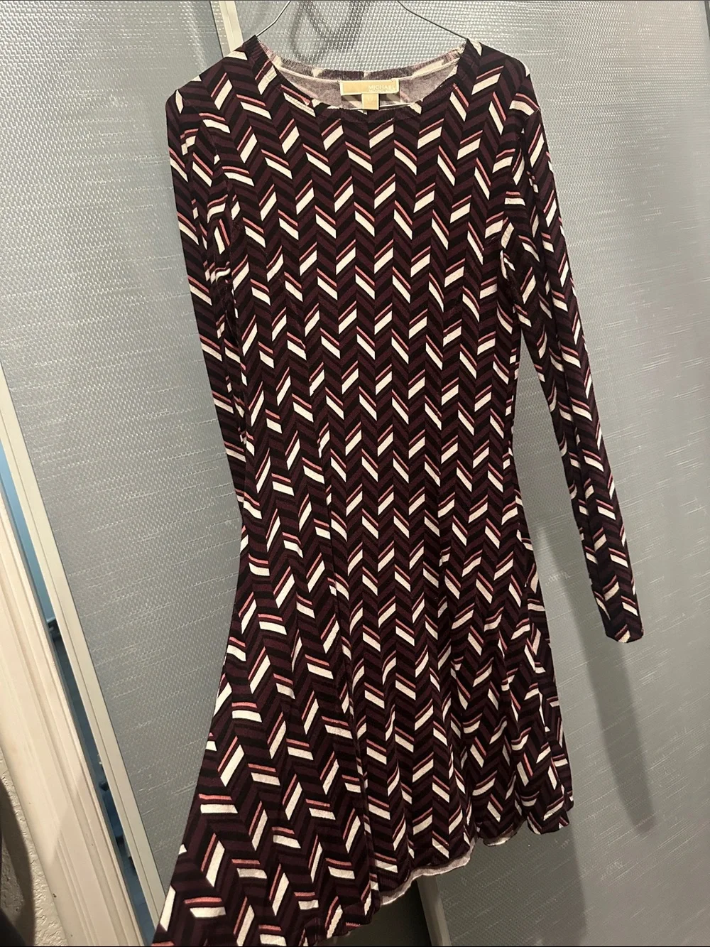 Michael Kors Burgundy and White Chevron Long-Sleeve Dress